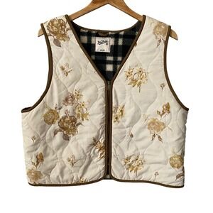 Woolrich‎ Women Sz L Rustic Floral Quilted Vest Cream Tan Plaid Fleece Lined